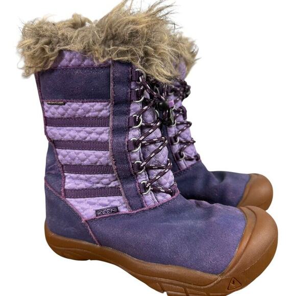 Keen Wapato Waterproof Leather Girls Kids Purple Fur Trim Wnter Boots Tall sz 2 - Picture 1 of 16